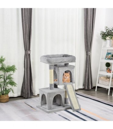 Cat Rest & Play Activity Tree Grey Plush 59L x 39W x 83H cm 2 House Cushion