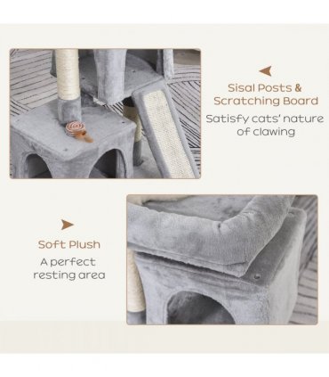 Cat Rest & Play Activity Tree Grey Plush 59L x 39W x 83H cm 2 House Cushion