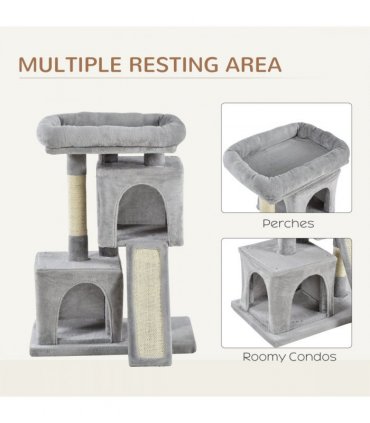 Cat Rest & Play Activity Tree Grey Plush 59L x 39W x 83H cm 2 House Cushion