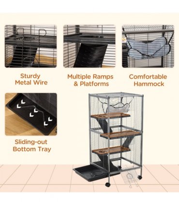 Rolling Small Animal Cage for Chinchillas Ferrets Kittens w/ Platform Ramp Tray