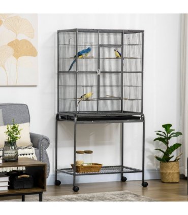 Rolling Bird Cage w/ Detachable Stand, Storage Shelf, Wood Perch, Food Container