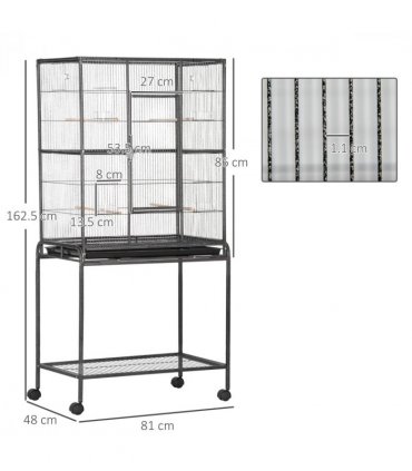 Rolling Bird Cage w/ Detachable Stand, Storage Shelf, Wood Perch, Food Container