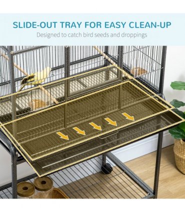 Rolling Bird Cage w/ Detachable Stand, Storage Shelf, Wood Perch, Food Container