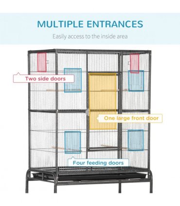 Rolling Bird Cage w/ Detachable Stand, Storage Shelf, Wood Perch, Food Container