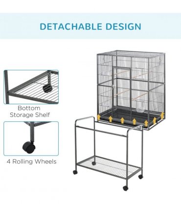 Rolling Bird Cage w/ Detachable Stand, Storage Shelf, Wood Perch, Food Container