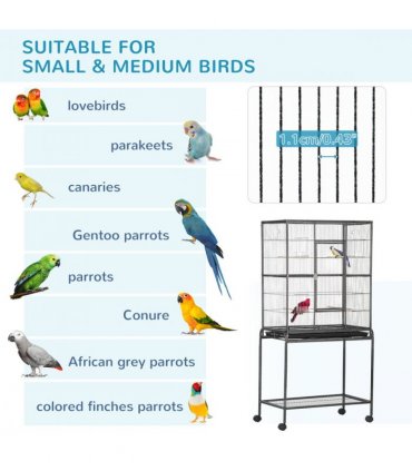 Rolling Bird Cage w/ Detachable Stand, Storage Shelf, Wood Perch, Food Container