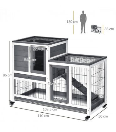 Wooden Rabbit Hutch Bunny Guinea Pigs House Cage Wheels Indoor 110 x 50 x 86cm