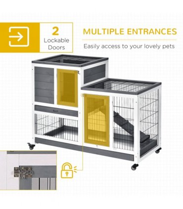 Wooden Rabbit Hutch Bunny Guinea Pigs House Cage Wheels Indoor 110 x 50 x 86cm