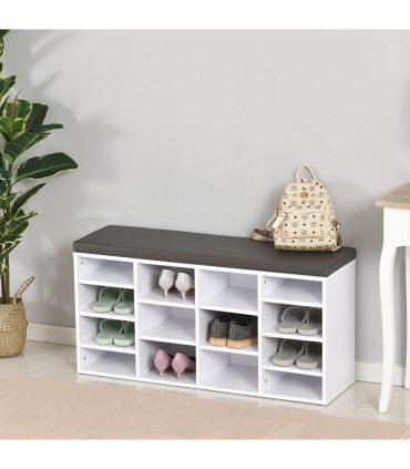 PU Leather 14-Compartment Shoe Storage Bench Brown/White