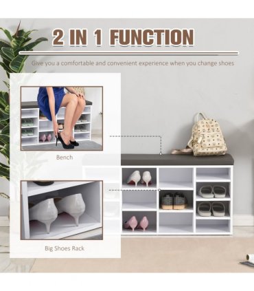 PU Leather 14-Compartment Shoe Storage Bench Brown/White