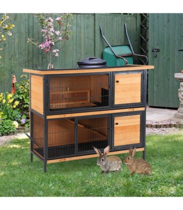 Wooden Metal Rabbit Hutch Pet House Bunny w/ Slide-Out Tray Outdoor Light Yellow
