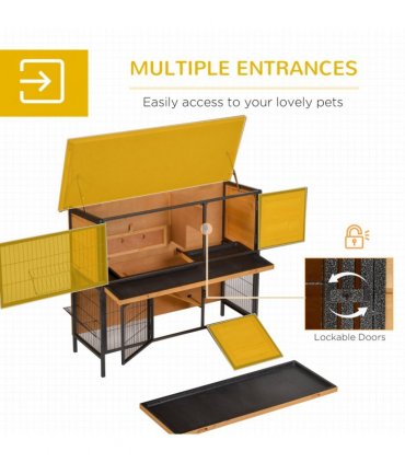 Wooden Metal Rabbit Hutch Pet House Bunny w/ Slide-Out Tray Outdoor Light Yellow