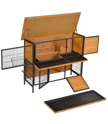 Wooden Metal Rabbit Hutch Pet House Bunny w/ Slide-Out Tray Outdoor Light Yellow