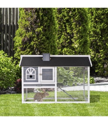 Rabbit Hutch Wood Bunny Cage for Outdoor Indoor w/ Pull Out Tray Run Box Ramp