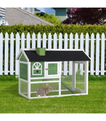 Rabbit Hutch Wood Bunny Cage for Outdoor Indoor w/ Pull Out Tray Run Ramp Green
