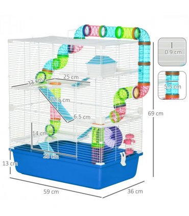 Five-Level Hamster Cage w/ Tubes, Water Bottle, Exercise Wheel, Ramps - Blue