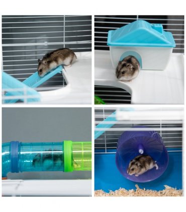 Five-Level Hamster Cage w/ Tubes, Water Bottle, Exercise Wheel, Ramps - Blue