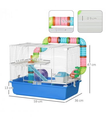 Hamster Cage Blue 59L x 36W x 47H cm Rodents House w/ Tubes Exercise