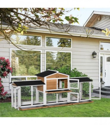 Two-Tier Wooden Rabbit Hutch Guinea Pig Hutch w/ Two Runs, Slide-Out Tray, Ramp