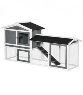 Two-Tier Wooden Rabbit Hutch Small Animal House w/ Run Box, Slide-Out Tray, Ramp