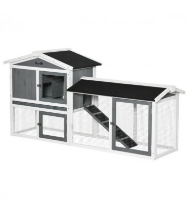 Two-Tier Wooden Rabbit Hutch Small Animal House w/ Run Box, Slide-Out Tray, Ramp