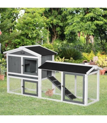 Two-Tier Wooden Rabbit Hutch Small Animal House w/ Run Box, Slide-Out Tray, Ramp