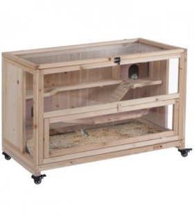 3-Tier Wooden Hamster Cage, Roden Small Animals Hutch, Ladders, Natural Wood