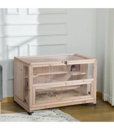 3-Tier Wooden Hamster Cage, Roden Small Animals Hutch, Ladders, Natural Wood