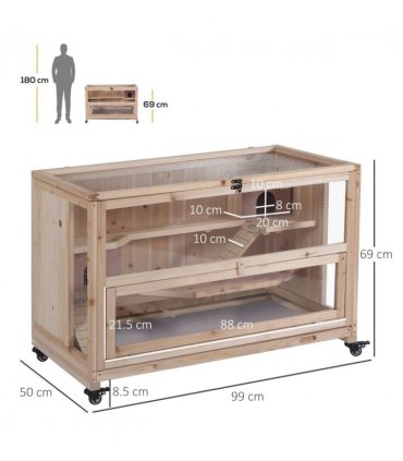 3-Tier Wooden Hamster Cage, Roden Small Animals Hutch, Ladders, Natural Wood