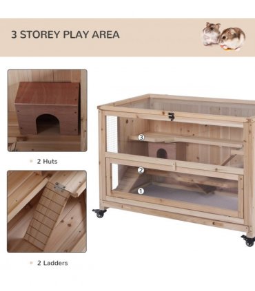 3-Tier Wooden Hamster Cage, Roden Small Animals Hutch, Ladders, Natural Wood