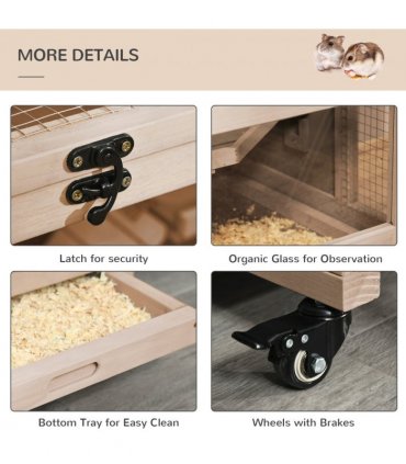 3-Tier Wooden Hamster Cage, Roden Small Animals Hutch, Ladders, Natural Wood