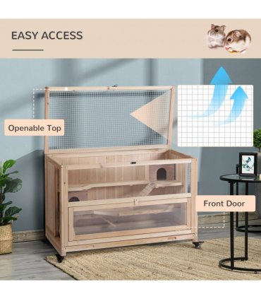 3-Tier Wooden Hamster Cage, Roden Small Animals Hutch, Ladders, Natural Wood