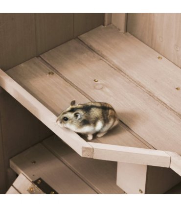 3-Tier Wooden Hamster Cage, Roden Small Animals Hutch, Ladders, Natural Wood