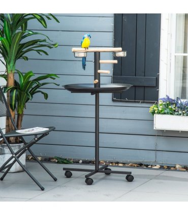 Bird Play Stand Portable Feeder Station w/ Wooden Perches, Stainless Steel Bowls
