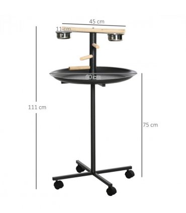 Bird Play Stand Portable Feeder Station w/ Wooden Perches, Stainless Steel Bowls