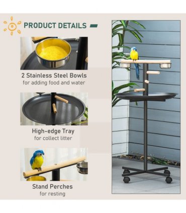 Bird Play Stand Portable Feeder Station w/ Wooden Perches, Stainless Steel Bowls