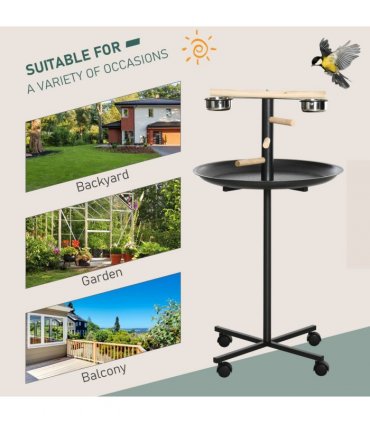 Bird Play Stand Portable Feeder Station w/ Wooden Perches, Stainless Steel Bowls