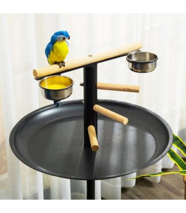 Bird Play Stand Portable Feeder Station w/ Wooden Perches, Stainless Steel Bowls