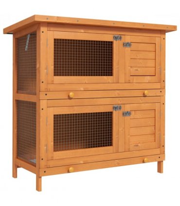 Rabbit Hutch 2-tier Wooden Bunnies House Outdoor Shelter Natural Wood Finish