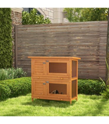 Rabbit Hutch 2-tier Wooden Bunnies House Outdoor Shelter Natural Wood Finish