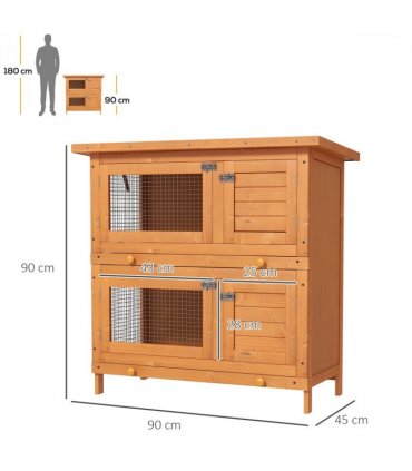 Rabbit Hutch 2-tier Wooden Bunnies House Outdoor Shelter Natural Wood Finish