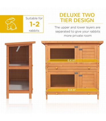 Rabbit Hutch 2-tier Wooden Bunnies House Outdoor Shelter Natural Wood Finish