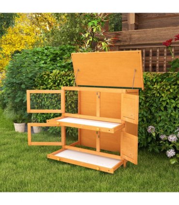 Rabbit Hutch 2-tier Wooden Bunnies House Outdoor Shelter Natural Wood Finish