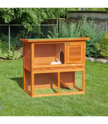 2-tier Rabbit Hutch Small Animal Wooden Vintage Yellow Green 90L x 45W x 80H cm