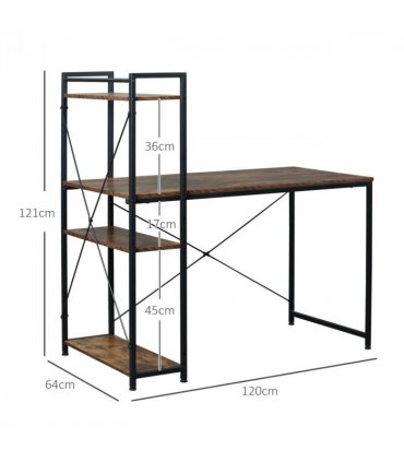 Computer Desk Rustic Brown 120cm x 64cm x 121cm 4-tier Bookshelf Storage