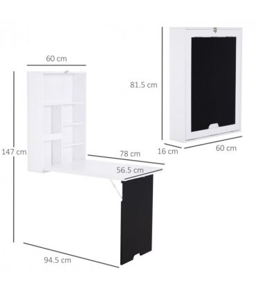 MDF Folding Wall-Mounted Drop-Leaf Table White and Black 65cm x 94.5cm x 147cm