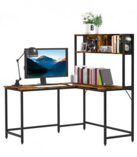149x140x125cm Industrial L-Shaped Desk w Shelf - Brown & Black