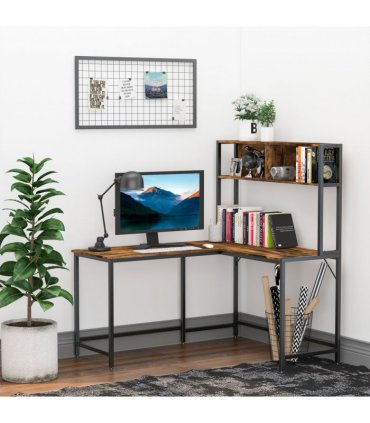 149x140x125cm Industrial L-Shaped Desk w Shelf - Brown & Black