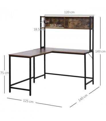 149x140x125cm Industrial L-Shaped Desk w Shelf - Brown & Black