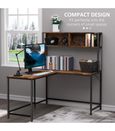 149x140x125cm Industrial L-Shaped Desk w Shelf - Brown & Black